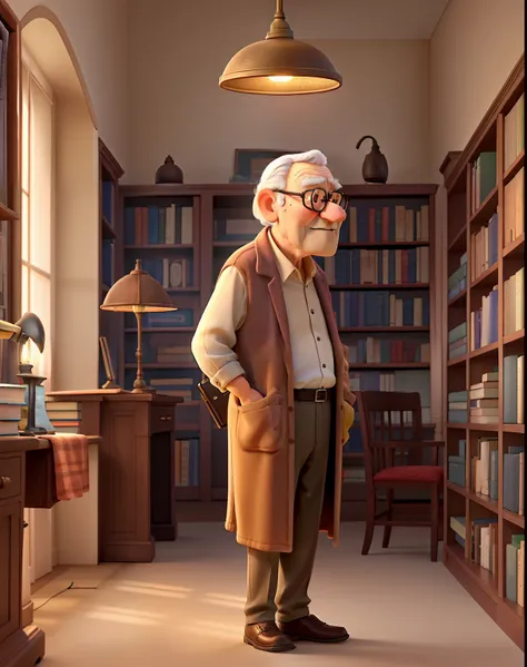 A wise old man standing in front, illuminated by the light of a lamp, against the backdrop of a library