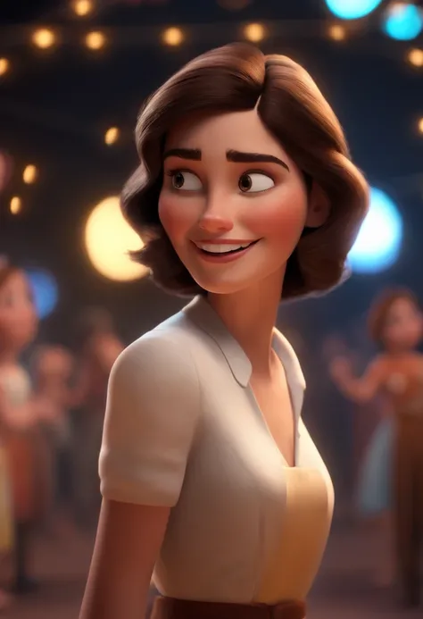 Pixar style image with 3D character white brunette woman short straight hair dancing, Maquiagem Disney, sorridente ,Close-up, Pixar, Disney, Cinema lighting