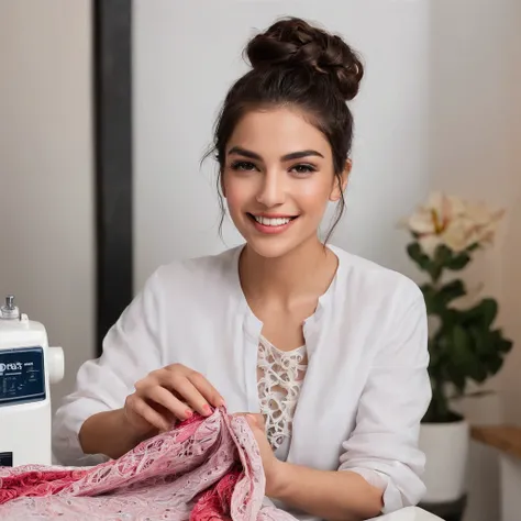 25-year-old Hispanic woman, smiling while sewing a perfect garment, shows dexterity and a lot of joy, the garments she is sewing are brightly colored and the atmosphere is cheerful, .RAW