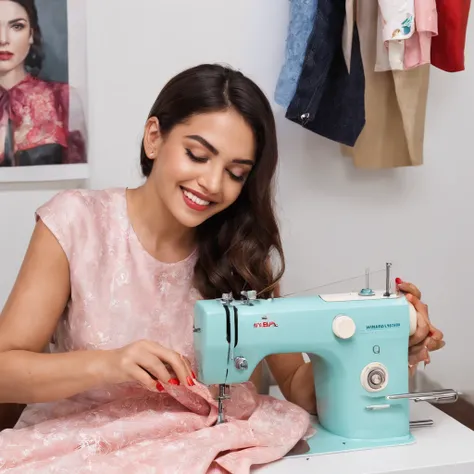 25-year-old Hispanic woman, smiling while sewing a perfect garment, shows dexterity and a lot of joy, the garments she is sewing are brightly colored and the atmosphere is cheerful, .RAW