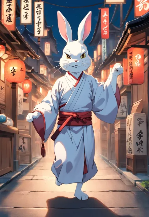 White Rabbit beastman in kimono, samurai, in a fighting stance, in a street, to stand,