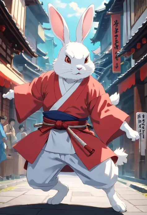 White Rabbit beastman in kimono, samurai, in a fighting stance, in a street, to stand,