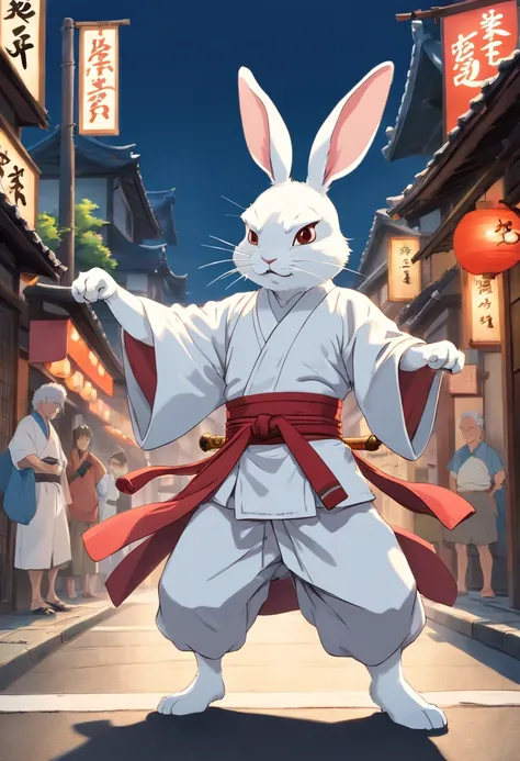 White Rabbit beastman in kimono, samurai, in a fighting stance, in a street, to stand,