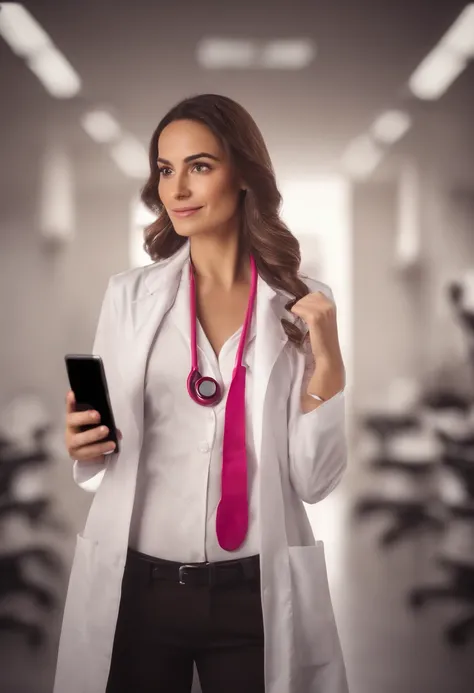 Uma bela garota de cabelo longo cacheado , Take a selfie in your lab coat and with your pink stethoscope around your neck. Personagens em 3D desenho animado