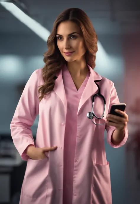 Uma bela garota de cabelo longo cacheado , Take a selfie in your lab coat and with your pink stethoscope around your neck. Personagens em 3D desenho animado