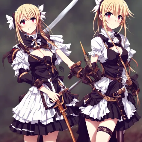 anime styled,a beauty girl,full bodyesbian,Standing Picture,without background,military outfits,Lolita Fashion,The sword,A warrior,Blonde short,Left child only