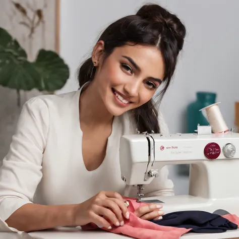 25-year-old Hispanic woman, smiling while sewing a perfect garment, shows dexterity and a lot of joy, the garments she is sewing are brightly colored and the atmosphere is cheerful, .RAW