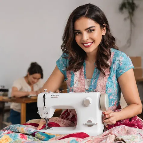 25-year-old Hispanic woman, smiling while sewing a perfect garment, shows dexterity and a lot of joy, the garments she is sewing are brightly colored and the atmosphere is cheerful, .RAW