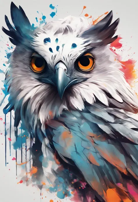 arte splash, An harpy eagles head, ((fundo branco)), olhos penetrantes, epic instagram, art-station, estilo splash de tinta colorida, contorno, hiperdetalhado intricadamente detalhado, Motor irreal, genial, detalhes intrincados, tela inicial, cores complem...