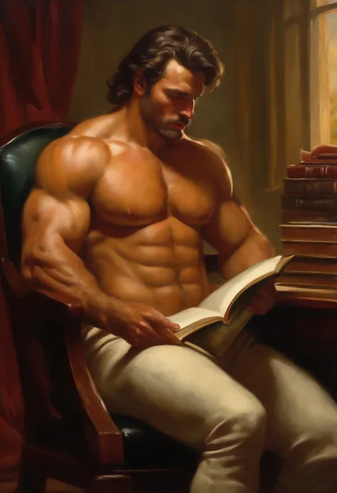 (oil painting) (full body) A victorian naked muscular hairy and brown beautiful men with huge bulging pecs and muscles and a gigantic uncircumcized penis  portrays an worried expression as he sits in a chair with open legs in his office while reading a str...