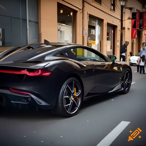 Impressionante Ferrari Roma preta estacionada em uma vibrante rua de Sydney