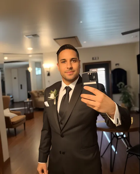 there is a man in a suit taking a selfie in a living room, in his suit, professional profile picture, professional picture, profile image, groom, profile picture, wearing suit and tie, wearing a suit and tie, posing elegantly over the camera, suit and tie,...