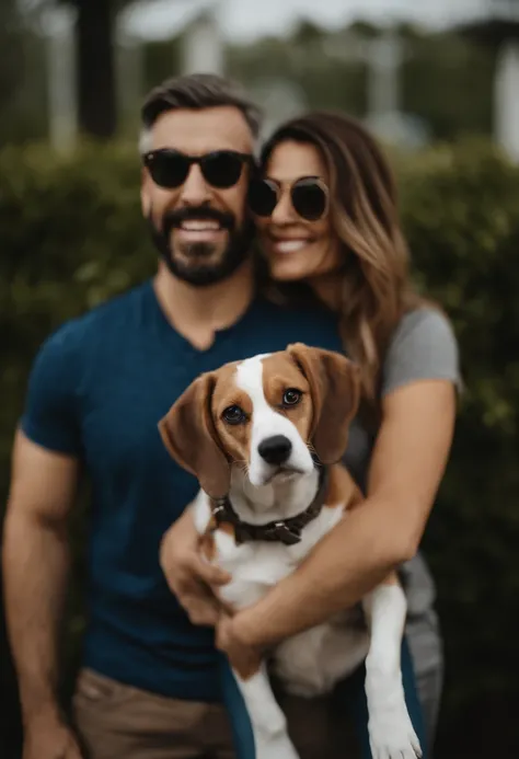 Pixar. Casal com um filhote de cachorro beagle marrom. A menina tem os cabelos loiros amarrados, Camiseta cinza e jeans claro, white glasses. O menino de cabelos pretos com cabelos grisalhos, barba pequena, oculos, Dark blue jeans and gray t-shirt. They ar...