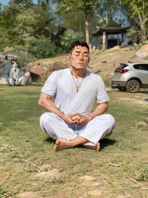 oriental man meditating in the middle of the forest, with his eyes closed.
Around the body it is possible to see its golden aura.