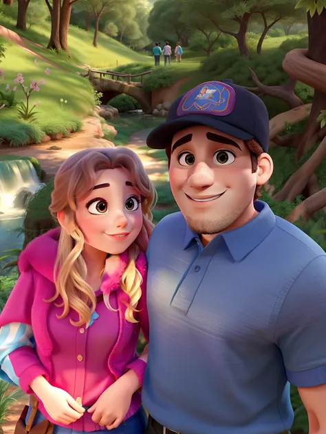 Casal feliz igual filme da Disney amor, paisagem de bosque.