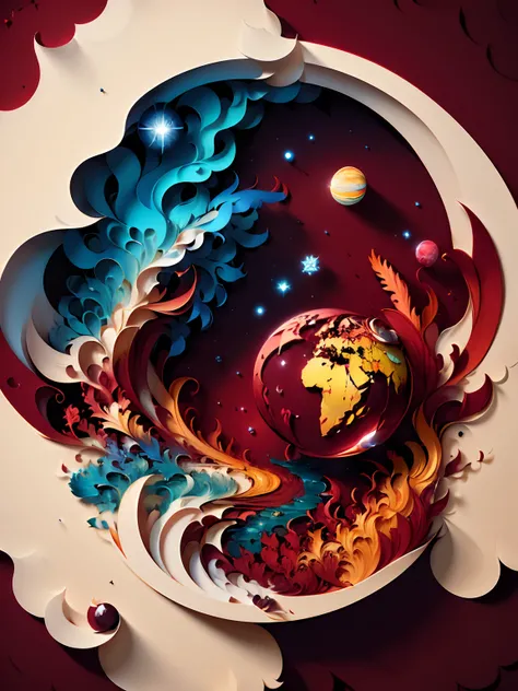 (((masterpiece))), best quality, illustration, earth, water, fire, wind, space, paper_cut, (maroon theme color:1.2)