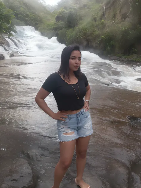 There is a woman standing on a rock in the water, com uma cachoeira, standing near a waterfall, cachoeiras ao fundo, ao lado de uma cachoeira, com cachoeiras, Parece Fabiula Nascimento, em frente a uma cachoeira, Malika Favre, 3 5 year brazilian mother, co...