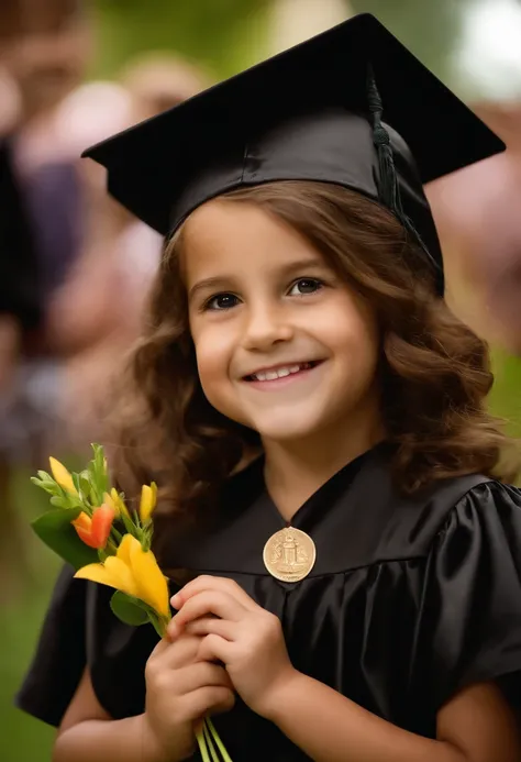 A 6-year-old child graduating from kindergarten 5 with a black gown holding a straw with a smile without a tooth on the freight, light brown hair and brown eyes