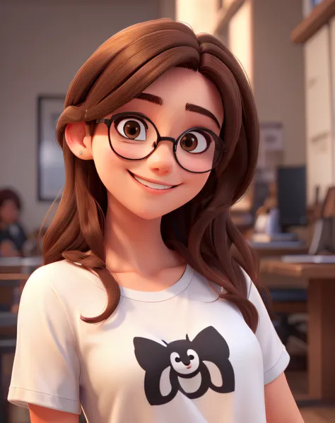 (best quality,realistic,highres:1.2),a beautiful girl with medium straight dark brown hair, dark eyes wearing black glasses, short jeans, and a white shirt, smiling