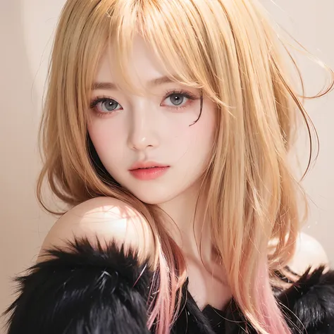 A girl with realistic long yellow pink hair, exactly the same hairstyle, realistic pink eyes, realistic Korean beautiful face, realistic cool expression,Adapt exact clothing, realistic fur black clothes, realistic light, realistic shadows, realistic backgr...