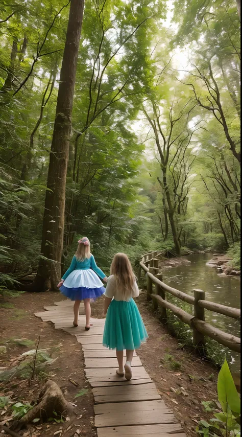 Create a 1-minute 4K video depicting a girl on a magical journey through the forest. The girl, wearing a blue ensemble, walks on a trail through tall trees with floating lights. She hears a sound and heads to a clearing where she finds a white and silver u...