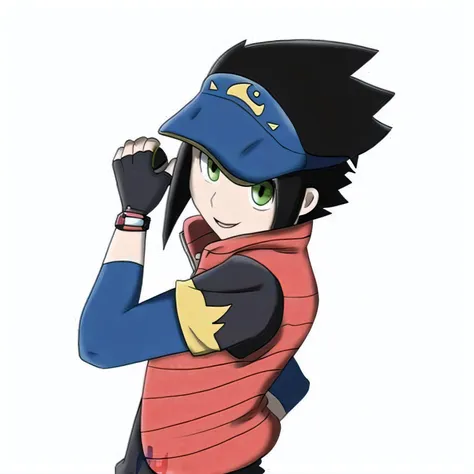 a cartoon of a man in a baseball cap and vest, ketchum cinza, pokemon trainer, arte oficial, estilo de anime pokemon, imagem de ...