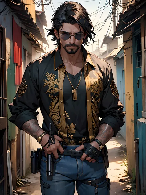 (papel de parede 8k extremamente detalhado), tema escuro, Vampire the Masquerade, 1 homem de 50 anos, vestindo camiseta rasgada, sunglasses, gold cord, (((Hand SUBmachine gun))), chefe bandido marginal, foco afiado, (subsurface scatter:1.1), fotografia pre...