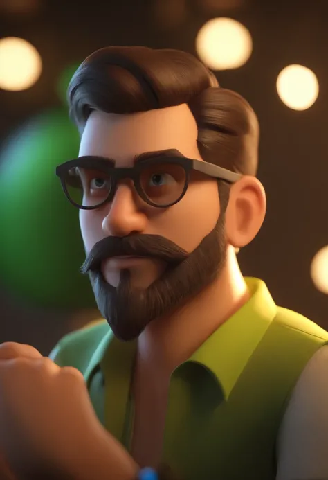 Cartoon character of a man with sunglasses and a fluorescent green dress shirt, cabelo comprido, With beard and natiruts tattoo on arm, animation character, Caractere estilizado, animation style rendering, 3D estilizado, Arnold Maya render, 3 d render styl...