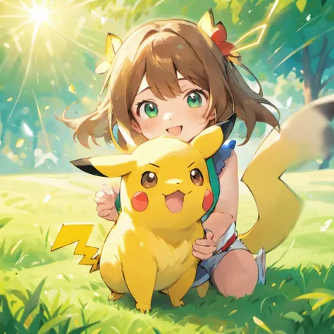 (best quality,4k,8k,highres,masterpiece:1.2),ultra-detailed,realistic,1girl with Pikachu and a Poké Ball in her hands,beautiful detailed eyes,beautiful detailed lips,long eyelashes,cute expression,brown hair,dressed in a colorful Pokémon trainer outfit,hol...