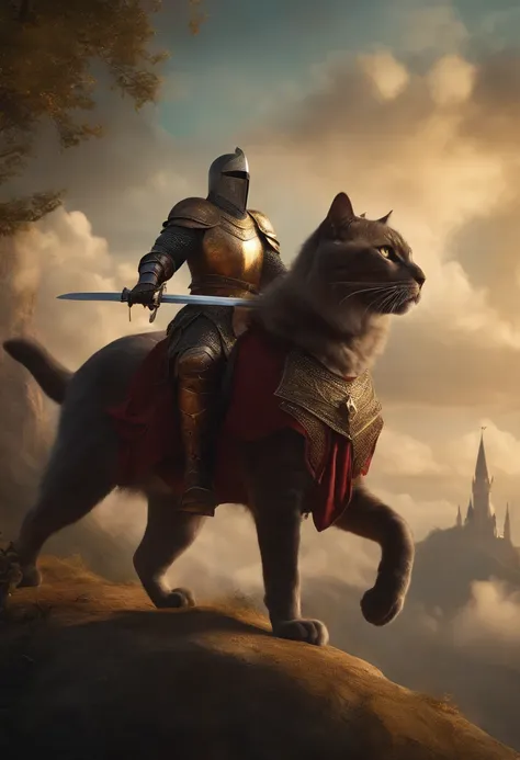 a knight with a sword riding a giant cat