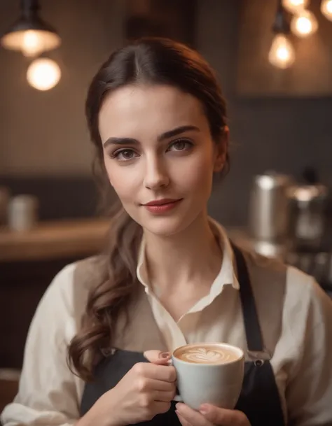 Female Greek barista, Holding coffee beans, a warm coffee is next to her, Vintage style, Realistic