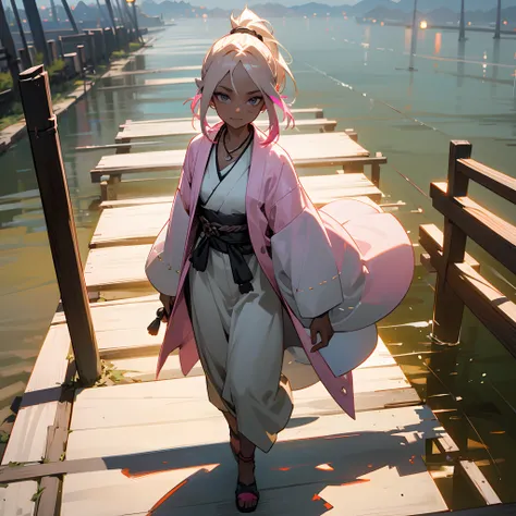 1female, teen, dark skin, pale blonde low ponytail with pink highlights, finely detailed grey eyes, loose ronin clothing, necklace, best lighting and shadows, night fishing village, walking down a path, light, lantern, light smile