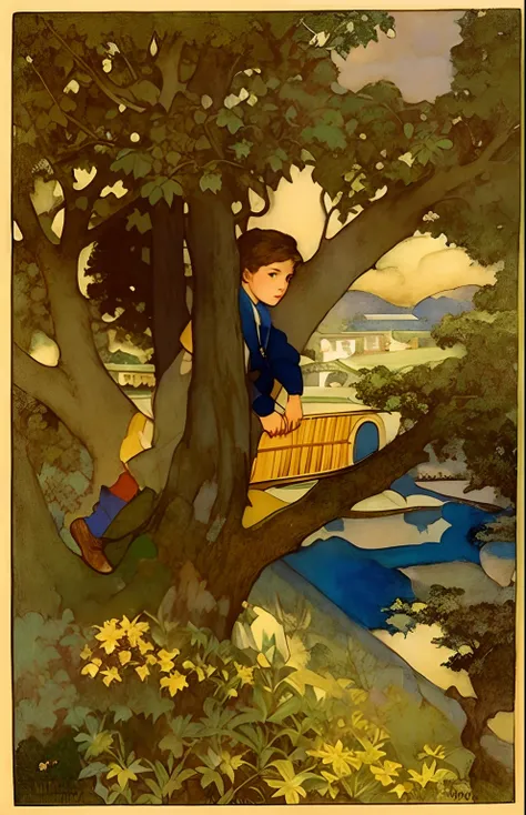 A painting of a boy sitting on a tree with a book, inspirado em Jessie Willcox Smith, Directed by: Jessie Willcox Smith, Eugene Grasset, Directed by: Clara Weaver Parrish, Directed by: Randolph Caldecott, Dulac, Directed by: Elizabeth Shippen Green, floren...