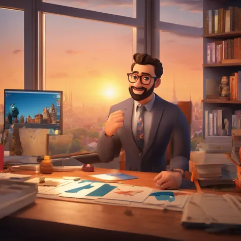 Create a Disney Pixar-inspired poster featuring the character as a 35-year-old man, cabelo preto curto, sorrindo, In an office with laptop on top of desk, em cima da mesa um cacto, estante estilo moderno, cheio de livros, Office window with background of v...