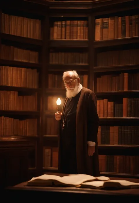 A wise old man standing in front, illuminated by the light of a lamp, against the backdrop of a library