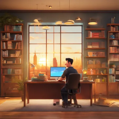 Create a Disney Pixar inspired poster featuring the character as a 35 year old man, short black hair, smiling, jeans, black shirt, in an office with laptop on the table, modern style bookshelf, full of books, office window with background of several buildi...