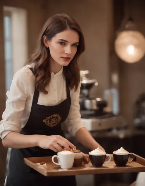 Female Greek barista, Serving coffee on a tray, Vintage style, Realistic