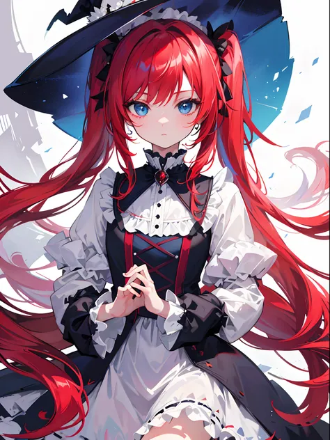 {best quality}}, {{masterpiece}}, {{ultra-detailed}}, {illustration}, {detailed light}, red hair,blue eyes,twintails,lolita,witch,solo,loli,White streaked hair,Fantastic