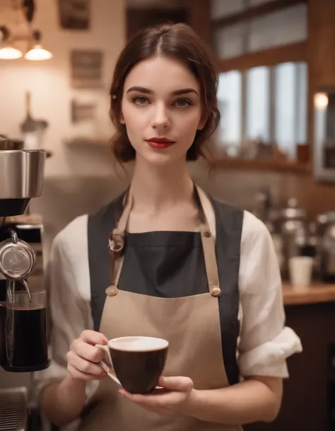 Female Greek barista, making coffee in front of a coffee machine, Vintage style, Realistic