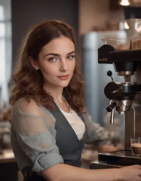 Female Greek barista, making coffee in front of a coffee machine, Vintage style, Realistic