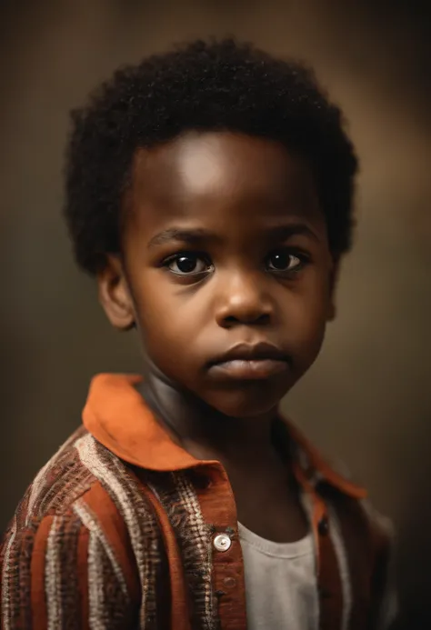 The face of a five-year-old black male child, Emphasize seriousness in the childs gaze.