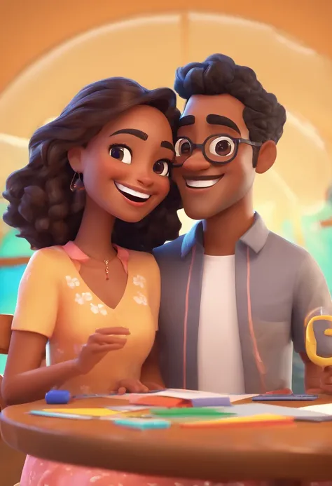 An illustration of an adorable couple, Highlight for a tall brunette man with smiling glasses and a white man with beautiful and expressive eyes - the tall mans skin is mulatto and his hair is curly, while the white mans hair is quite short and gray. They ...