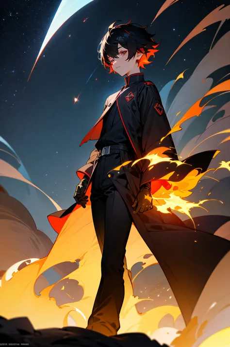 1male , Young, short hair, Black hair, red hair, white gloves, snapping, fire, walking on path, detailed eyes, glowing body, casual clothes, black clothes, surrounding flames, starry night sky, Vibrant colors