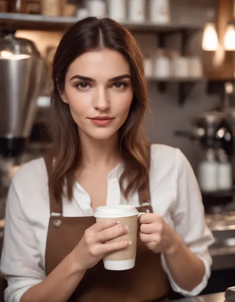 Female Greek barista, Holding a warm coffee, classic style, Realistic