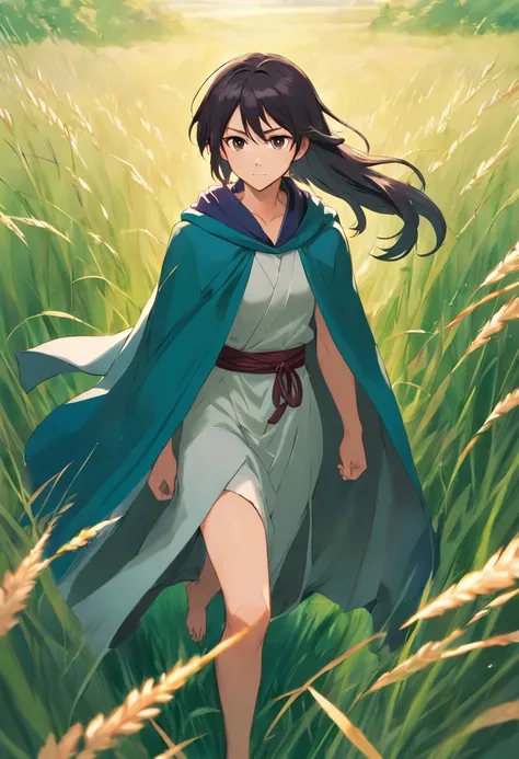 anime character with long hair and cape walking through tall grass, handsome guy in demon slayer art, black - haired mage, artgerm and atey ghailan, wearing a flowing cloak, flowing hair and long robes soccer shirt