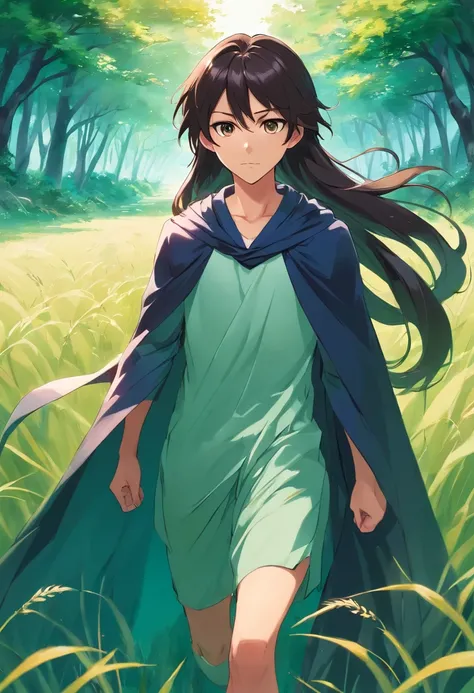 anime character with long hair and cape walking through tall grass, handsome guy in demon slayer art, black - haired mage, artgerm and atey ghailan, wearing a flowing cloak, flowing hair and long robes soccer shirt