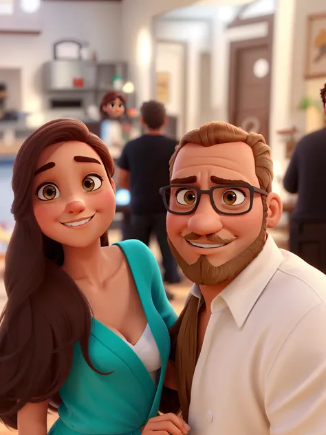 Mulher morena com olhos castanhos, Homem Branco com cabelo e barba ruivo claro, Estilo Disney Pixar, alta qualidade, melhor qualidade