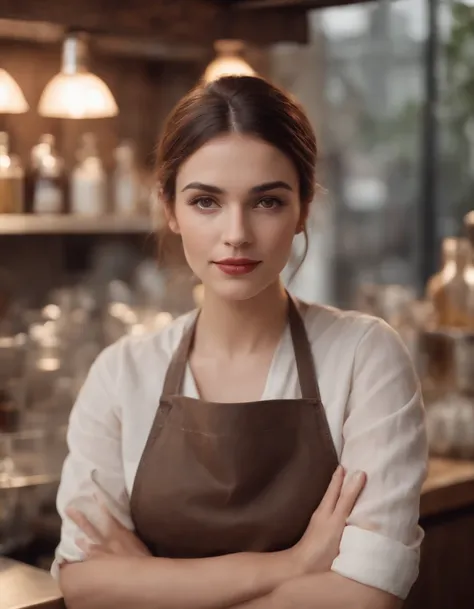 Female Greek barista, outside of a bar, classic style, Realistic