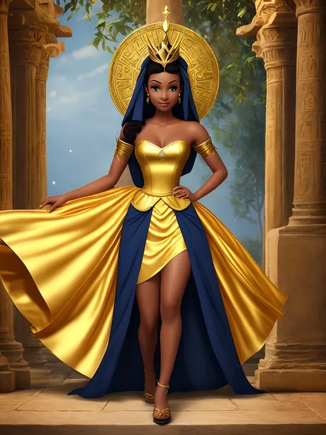 Egyptian Disney princess with golden dress and dark skin