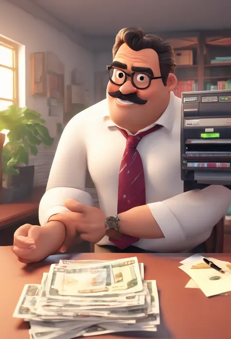 Um senhor nada feliz, careca e com pouco cabelo lateral, Chubby man wearing glasses with very high prescription, nariz grade e redondo com bigode cinza, Too worried looking at the bills in an old cash register machine, soltando uma enorme fita de papel das...